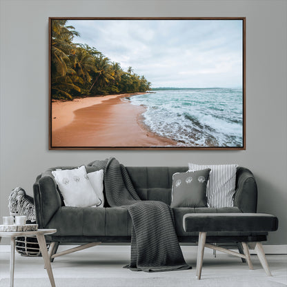 Framed canvas of a tropical beach with palm trees and soft waves, ideal for coastal escape or serene nature-inspired home decor.