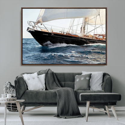 Close-up of a classic sailing yacht with wooden deck and full sails, perfect for nautical or coastal-style decor in ocean-themed spaces.