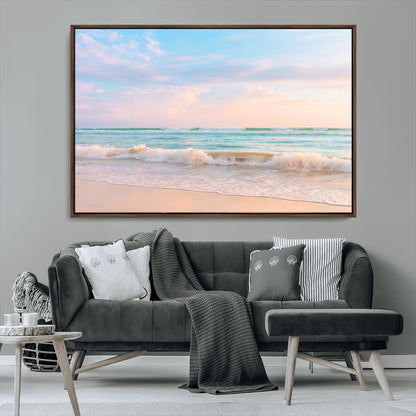 Pastel-toned ocean waves under soft sunset skies, ideal for pastel coastal or serene beach-style home decor.