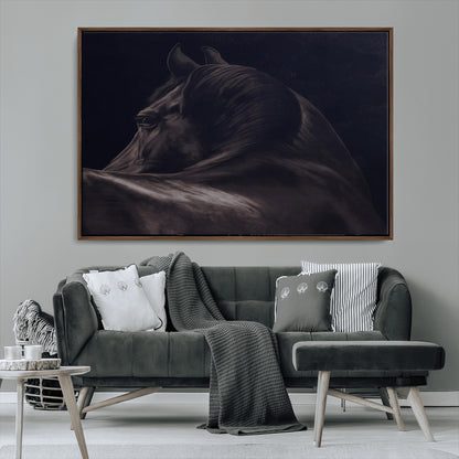 Close-up of a black horse with dramatic lighting on a dark background, perfect for rustic or masculine home decor.