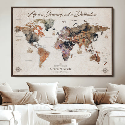 96000140-MGV-CV-36X24-Custom Push Pin World Map Wall Canvas Print – Personalized Travel Tracker with Pins – Framed Large Multi-Size Canvas for Home Office Decor