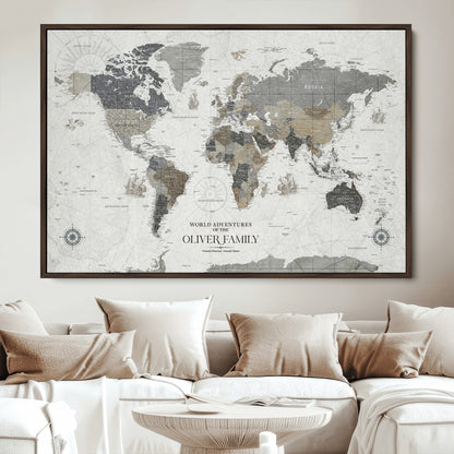 24596128-MGV-CV-36X24-Custom Push Pin World Map Wall Canvas Print – Personalized Travel Tracker with Pins – Framed Large Multi-Size Canvas for Home Office Decor