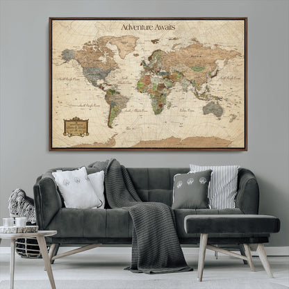 Custom Push Pin World Map Wall Canvas Print – Personalized Travel Tracker with Pins – Framed Custom Quotie Canvas for Home Office Decor