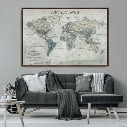 Customize Push Pin World Map Wall Canvas Print – Personalized Travel Tracker with Pins – Framed Custom Quotie Canvas for Home Office Decor