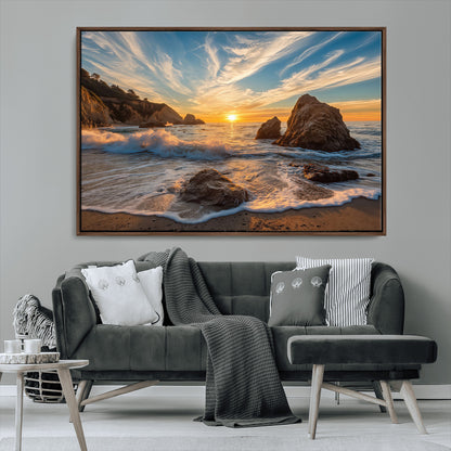 Rocky Ocean Sunset Wall Art Print, Seaside Canvas Wall Art, Dramatic Seascape Canvas Print for Coastal Modern Decor, Ocean Sunset Art Printing