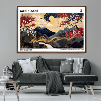 An artwork by Yayoi Kusama featuring Mount Fuji, blooming cherry blossoms, and swirling patterns in a harmonious blend of nature and art.