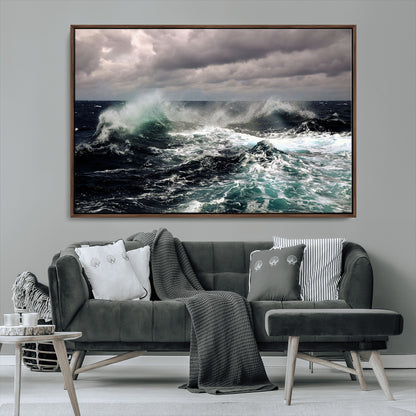 Powerful ocean waves crashing under stormy skies, creating a dynamic and intense seascape.