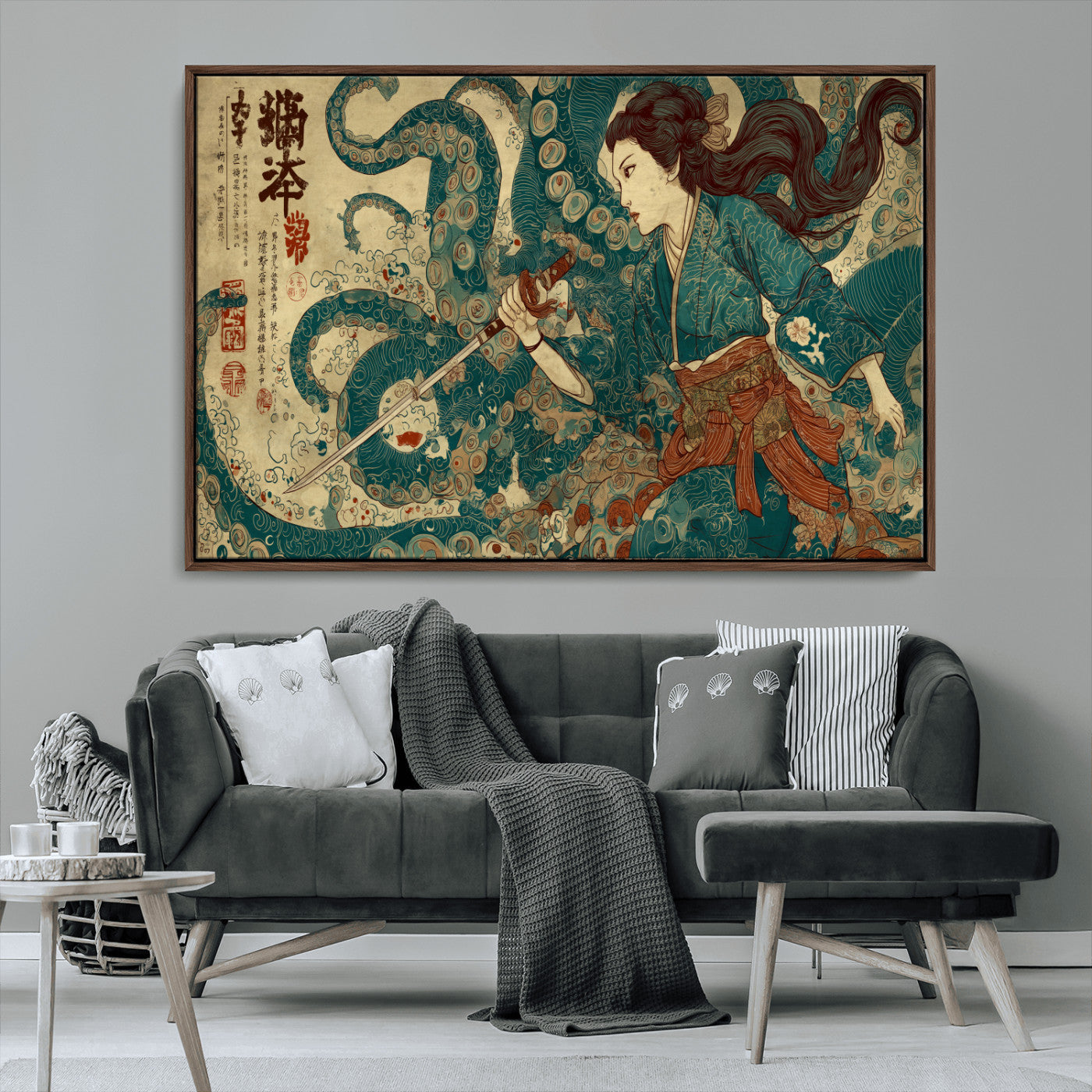 Tsukioka Yoshitoshi Samurai Wall Art Print, Japanese Katana Warrior Canvas Wall Art, Octopus Sea Monster Canvas Print,
