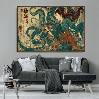 Tsukioka Yoshitoshi Samurai Wall Art Print, Japanese Katana Warrior Canvas Wall Art, Octopus Sea Monster Canvas Print,