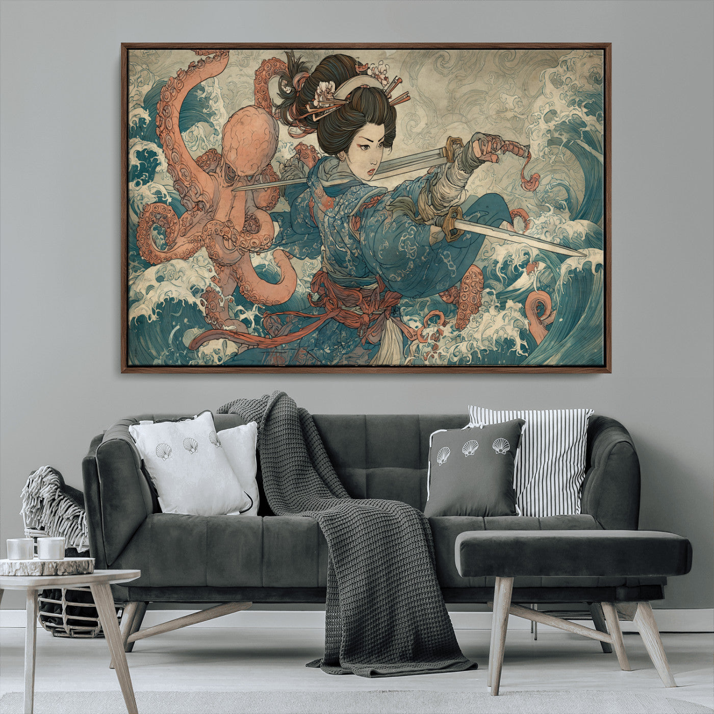 Tsukioka Yoshitoshi Samurai Wall Art Print, Japanese Katana Warrior Canvas Wall Art, Octopus Sea Monster Canvas Print,