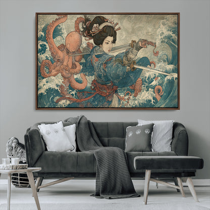 Tsukioka Yoshitoshi Samurai Wall Art Print, Japanese Katana Warrior Canvas Wall Art, Octopus Sea Monster Canvas Print,