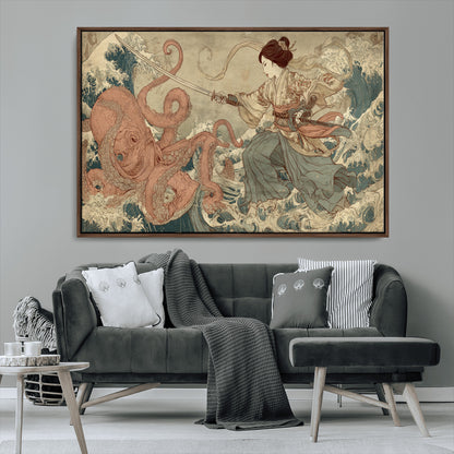 Tsukioka Yoshitoshi Samurai Wall Art Print, Japanese Katana Warrior Canvas Wall Art, Octopus Sea Monster Canvas Print,