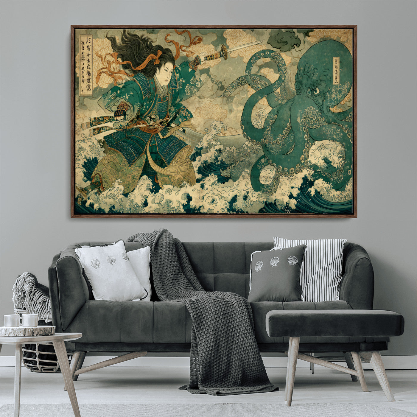 Tsukioka Yoshitoshi Samurai Wall Art Print, Japanese Katana Warrior Canvas Wall Art, Octopus Sea Monster Canvas Print,