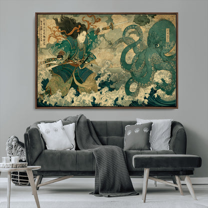Tsukioka Yoshitoshi Samurai Wall Art Print, Japanese Katana Warrior Canvas Wall Art, Octopus Sea Monster Canvas Print,