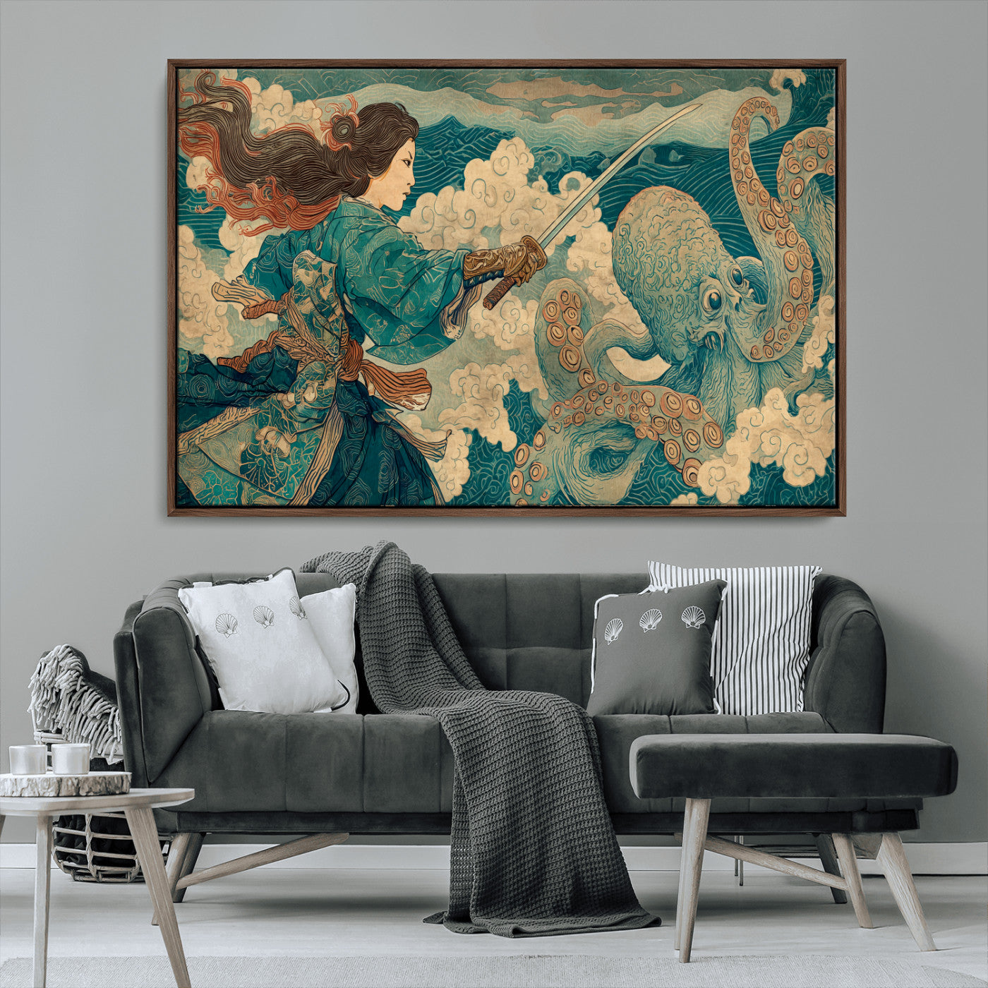 Tsukioka Yoshitoshi Samurai Wall Art Print, Japanese Katana Warrior Canvas Wall Art, Octopus Sea Monster Canvas Print,