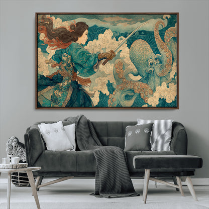 Tsukioka Yoshitoshi Samurai Wall Art Print, Japanese Katana Warrior Canvas Wall Art, Octopus Sea Monster Canvas Print,