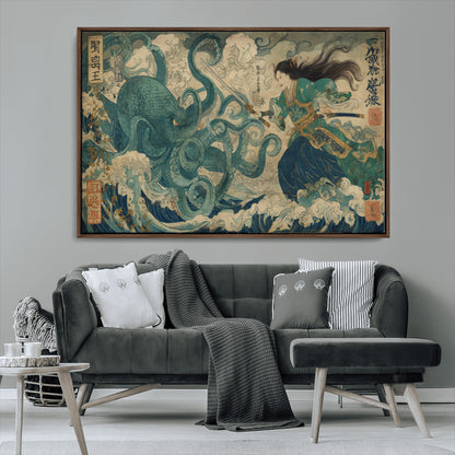 Tsukioka Yoshitoshi Samurai Wall Art Print, Japanese Katana Warrior Canvas Wall Art, Octopus Sea Monster Canvas Print,