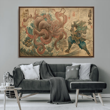 Tsukioka Yoshitoshi Samurai Wall Art Print, Japanese Katana Warrior Canvas Wall Art, Octopus Sea Monster Canvas Print,