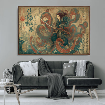 Tsukioka Yoshitoshi Samurai Wall Art Print, Japanese Katana Warrior Canvas Wall Art, Octopus Sea Monster Canvas Print,