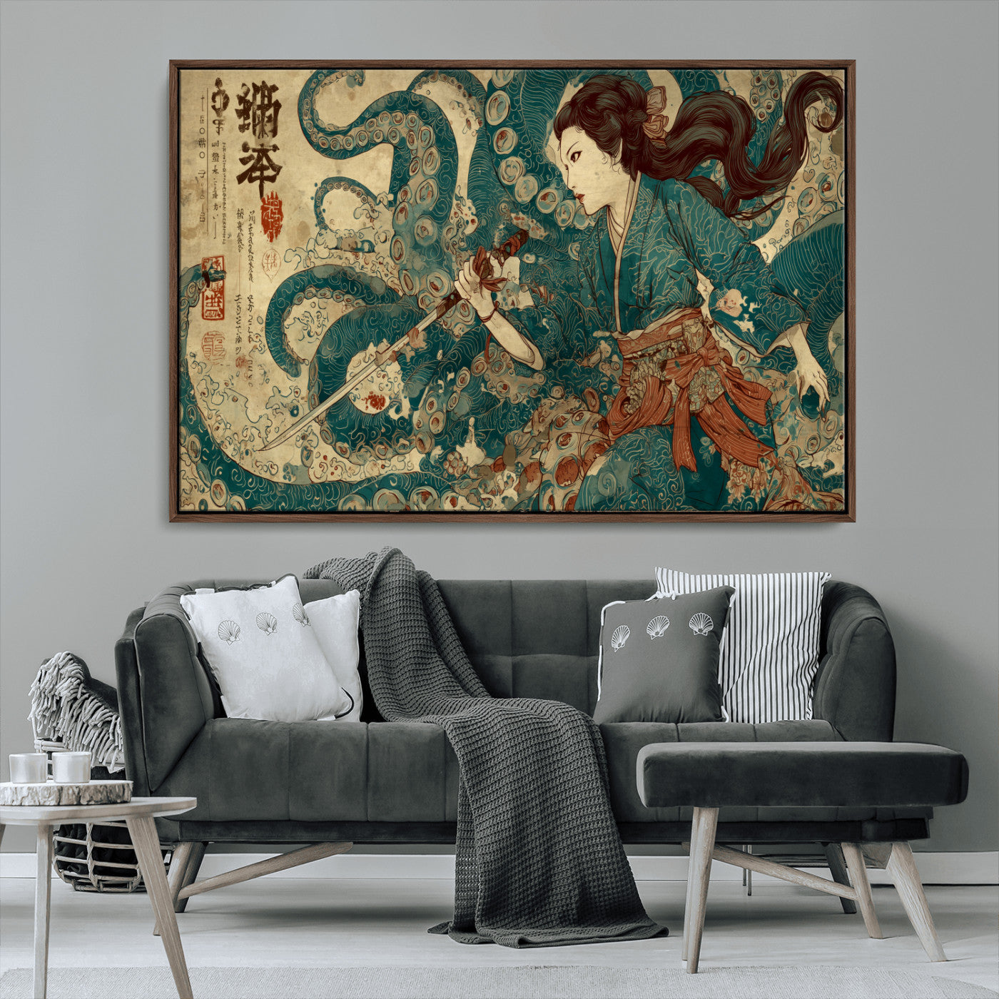 Tsukioka Yoshitoshi Samurai Wall Art Print, Japanese Katana Warrior Canvas Wall Art, Octopus Sea Monster Canvas Print,
