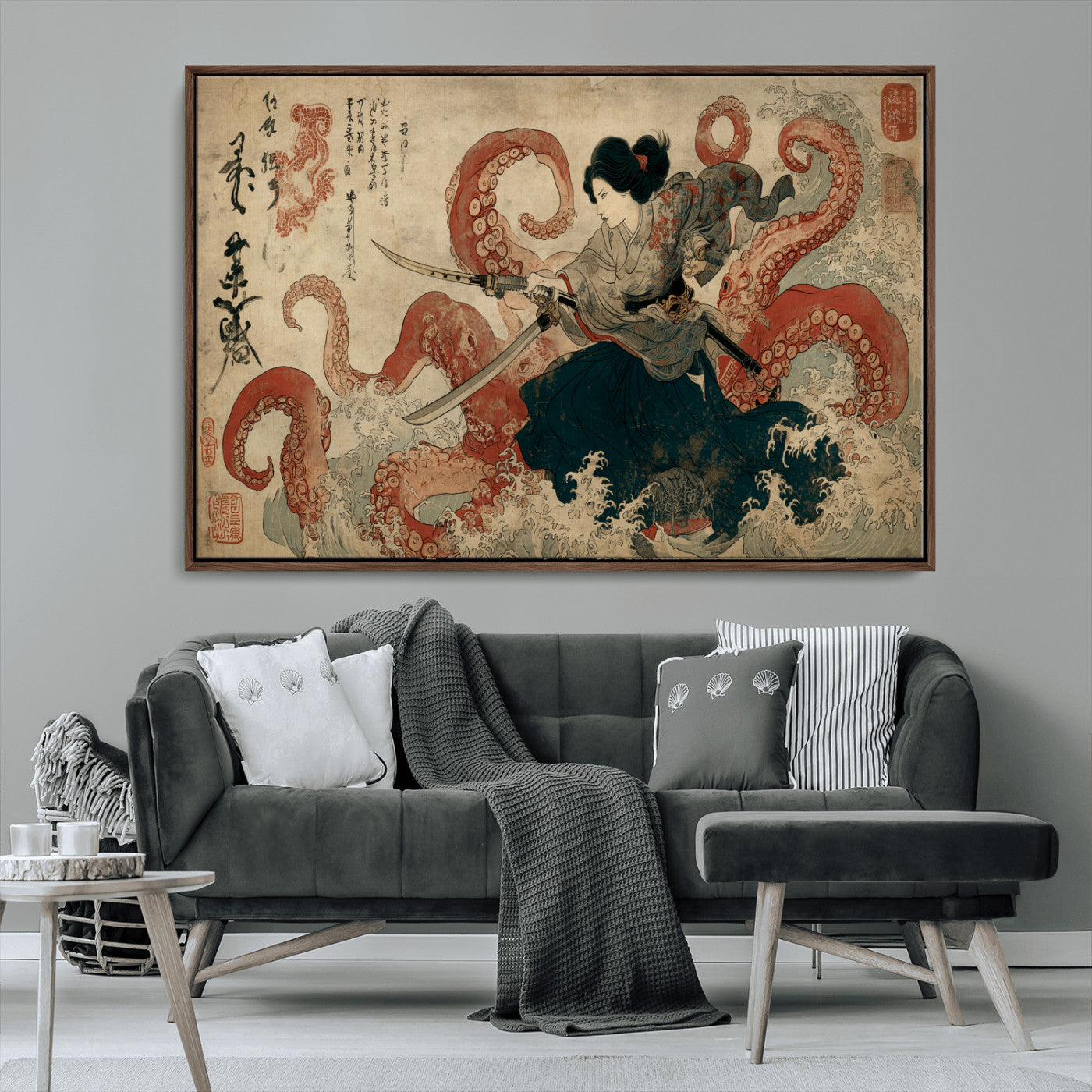 Tsukioka Yoshitoshi Samurai Wall Art Print, Japanese Katana Warrior Canvas Wall Art, Octopus Sea Monster Canvas Print,