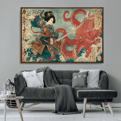 Tsukioka Yoshitoshi Samurai Wall Art Print, Japanese Katana Warrior Canvas Wall Art, Octopus Sea Monster Canvas Print,