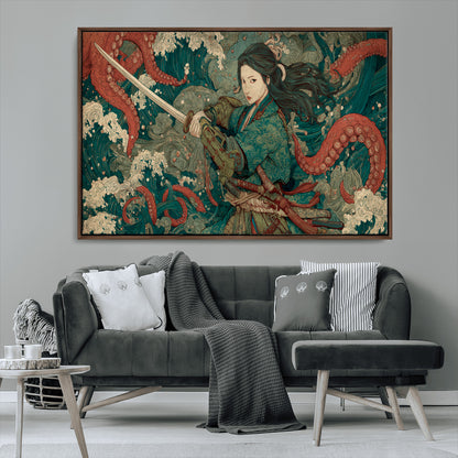 Tsukioka Yoshitoshi Samurai Wall Art Print, Japanese Katana Warrior Canvas Wall Art, Octopus Sea Monster Canvas Print,