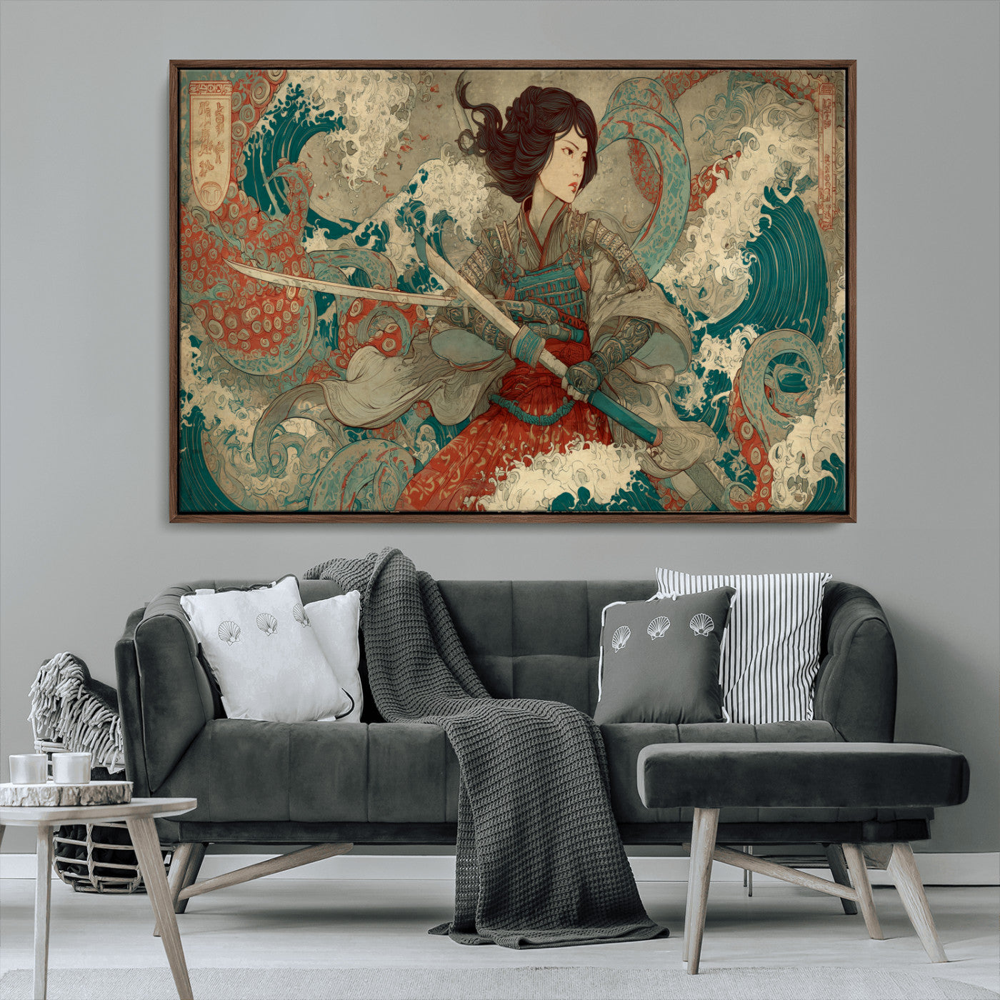 Tsukioka Yoshitoshi Samurai Wall Art Print, Japanese Katana Warrior Canvas Wall Art, Octopus Sea Monster Canvas Print,