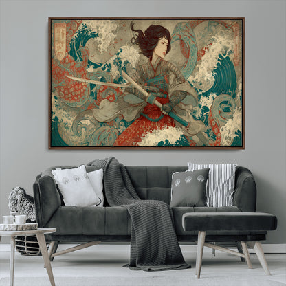 Tsukioka Yoshitoshi Samurai Wall Art Print, Japanese Katana Warrior Canvas Wall Art, Octopus Sea Monster Canvas Print,