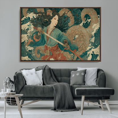 Tsukioka Yoshitoshi Samurai Wall Art Print, Japanese Katana Warrior Canvas Wall Art, Octopus Sea Monster Canvas Print,