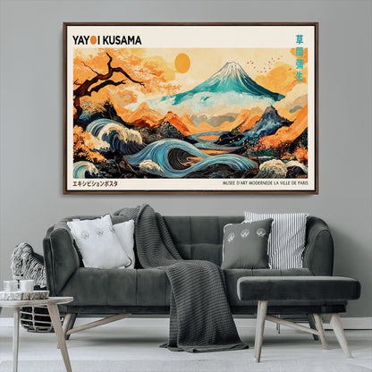 Modern Japanese-style art print featuring a stylized Mount Fuji, flowing waves, and vibrant landscapes in bold colors, inspired by traditional and contemporary aesthetics.