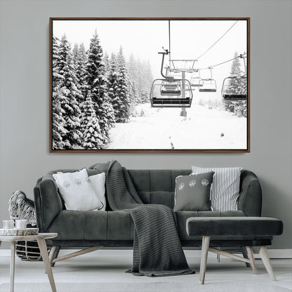 Black and white canvas of empty ski lifts over a snowy pine forest, perfect for minimal winter or ski lodge-inspired decor.