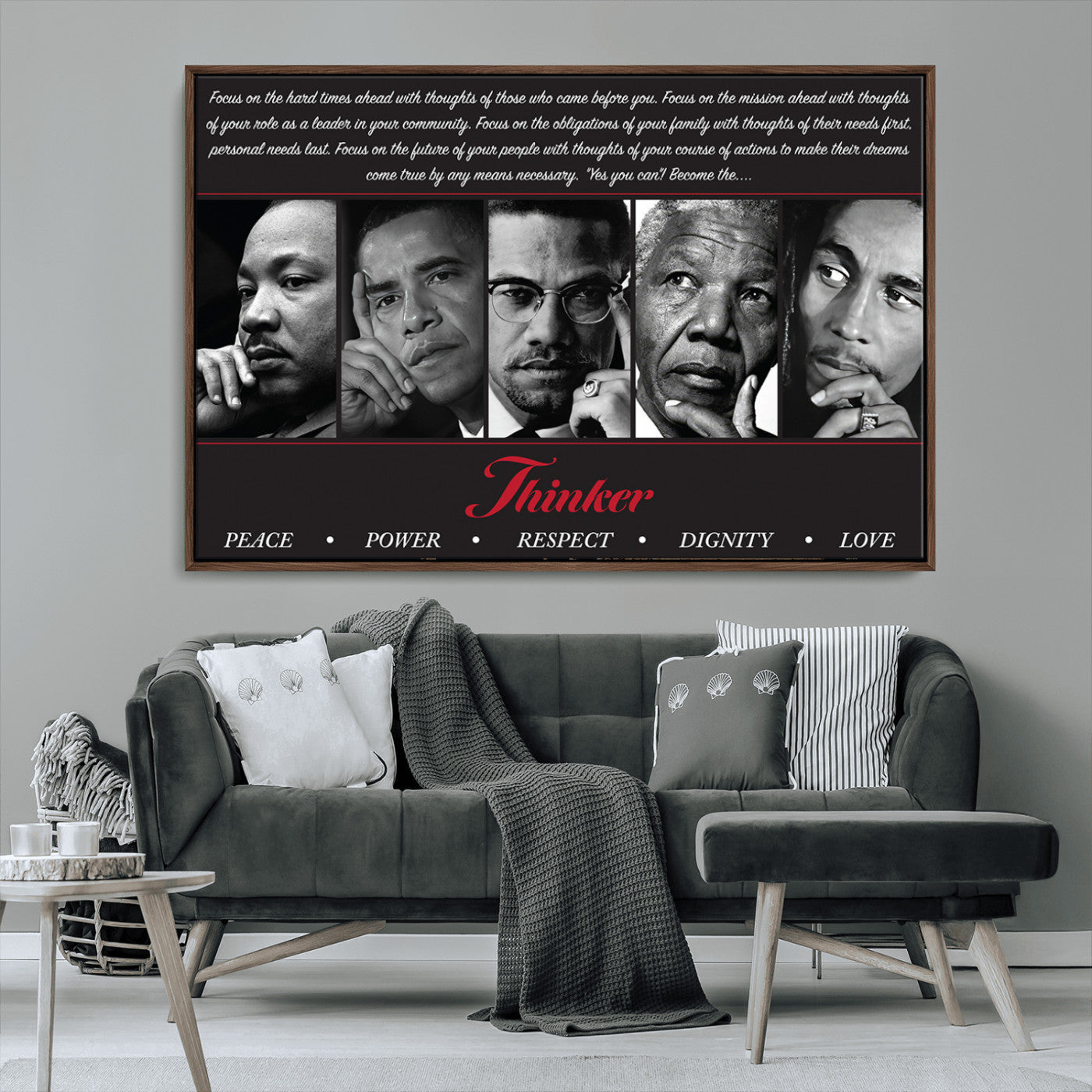 Monochrome canvas of iconic Black leaders with a powerful quote, perfect for modern spaces with a cultural or motivational theme.
