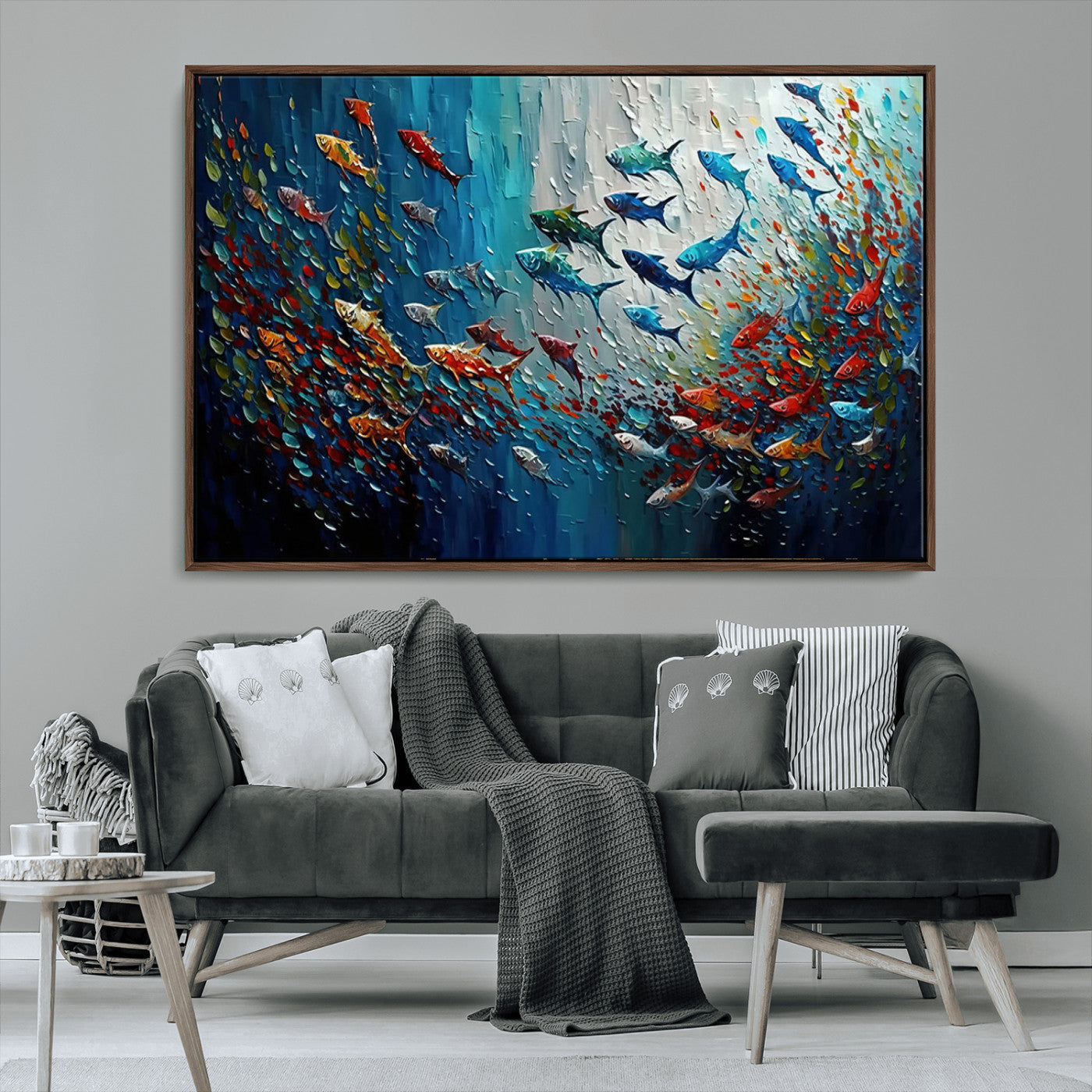 Colorful painting of fish swimming in abstract ocean swirls, perfect for vibrant marine-themed or expressive coastal home decor.