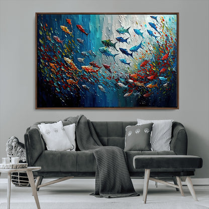 Colorful painting of fish swimming in abstract ocean swirls, perfect for vibrant marine-themed or expressive coastal home decor.