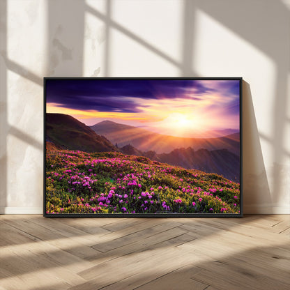 -Mountain Sunrise Wall Art – Vibrant Floral Landscape Canvas Print, Nature Home Decor for Living Room, Bedroom Office or Cabin