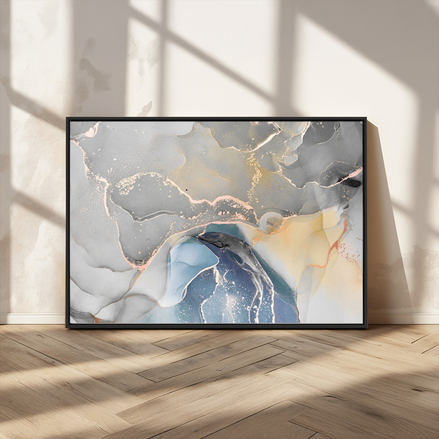 -Abstract Fluid Art Wall Decor – Blue, Gray & Gold Canvas Print, Modern Home and Office Wall Art Decor for Living Room, Bedroom or Workspace