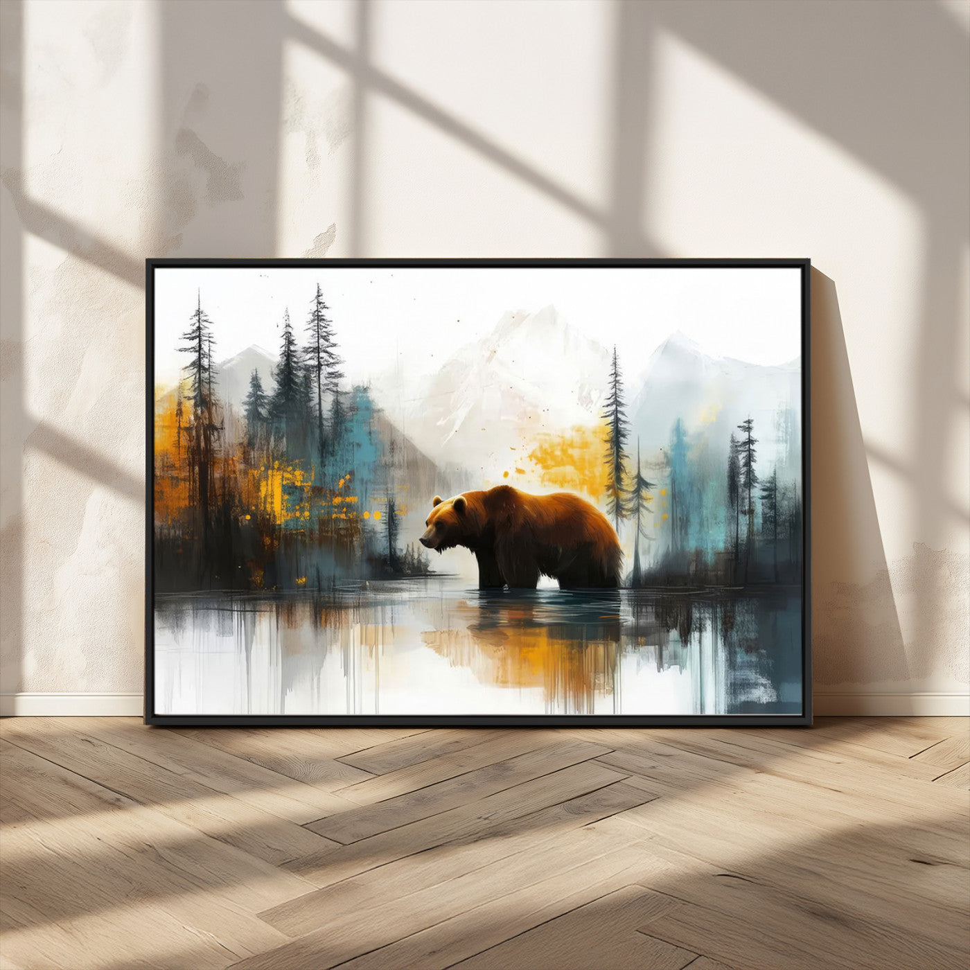 A majestic bear stands by the serene waters of a misty forest, surrounded by towering trees and distant mountains, evoking the raw beauty and wild spirit of nature.