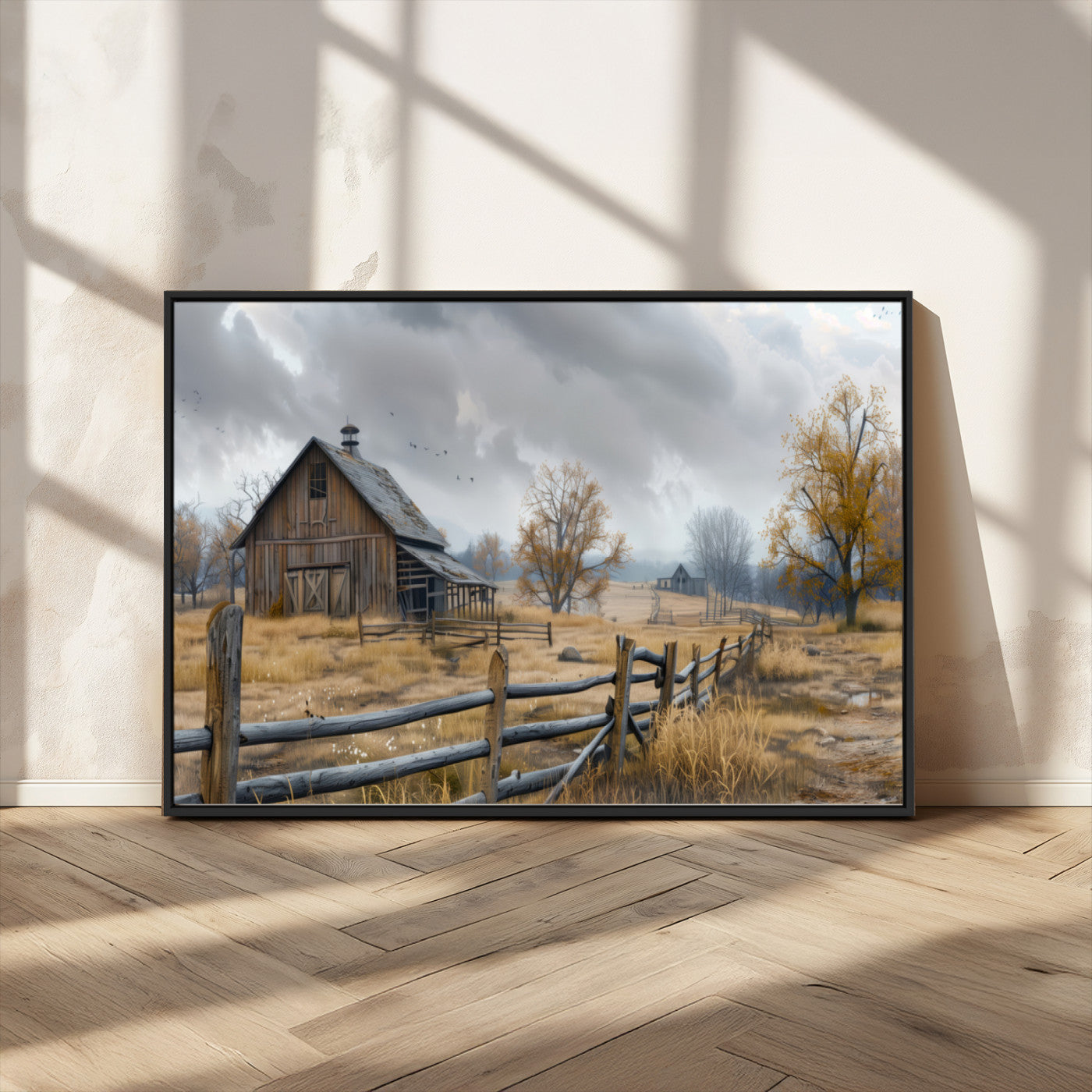 A tranquil rural scene featuring a rustic barn, overcast skies, and golden fields with scattered trees, evoking a sense of peaceful solitude in nature.