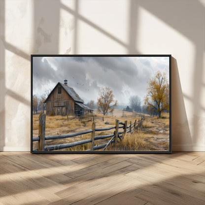 A tranquil rural scene featuring a rustic barn, overcast skies, and golden fields with scattered trees, evoking a sense of peaceful solitude in nature.