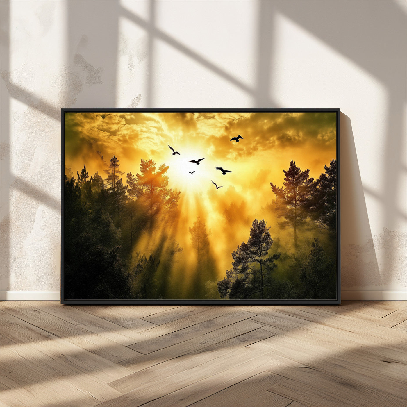 Canvas of a golden forest at sunset with birds flying through glowing sunbeams and silhouetted pine trees, ideal for warm-toned rustic decor.
