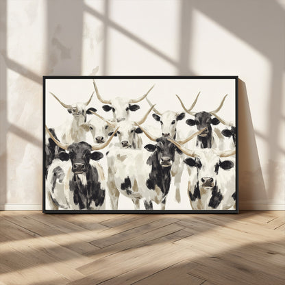 Canvas of a Texas Longhorn cattle herd in neutral black and white tones, ideal for rustic farmhouse or western-themed decor.