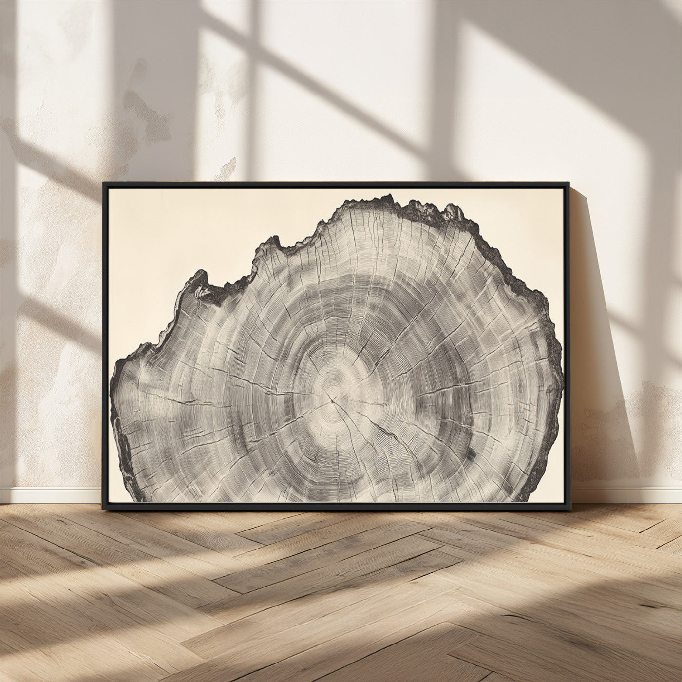 Detailed tree ring drawing in monochrome tones, ideal for rustic or nature-inspired interiors with a minimal decor aesthetic.