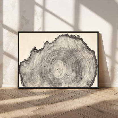Detailed tree ring drawing in monochrome tones, ideal for rustic or nature-inspired interiors with a minimal decor aesthetic.