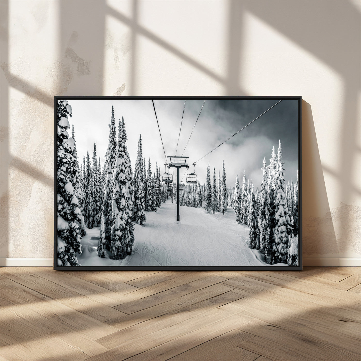 Canvas of a snowy ski lift scene through a forest of tall pine trees, ideal for moody winter or alpine-themed home decor.