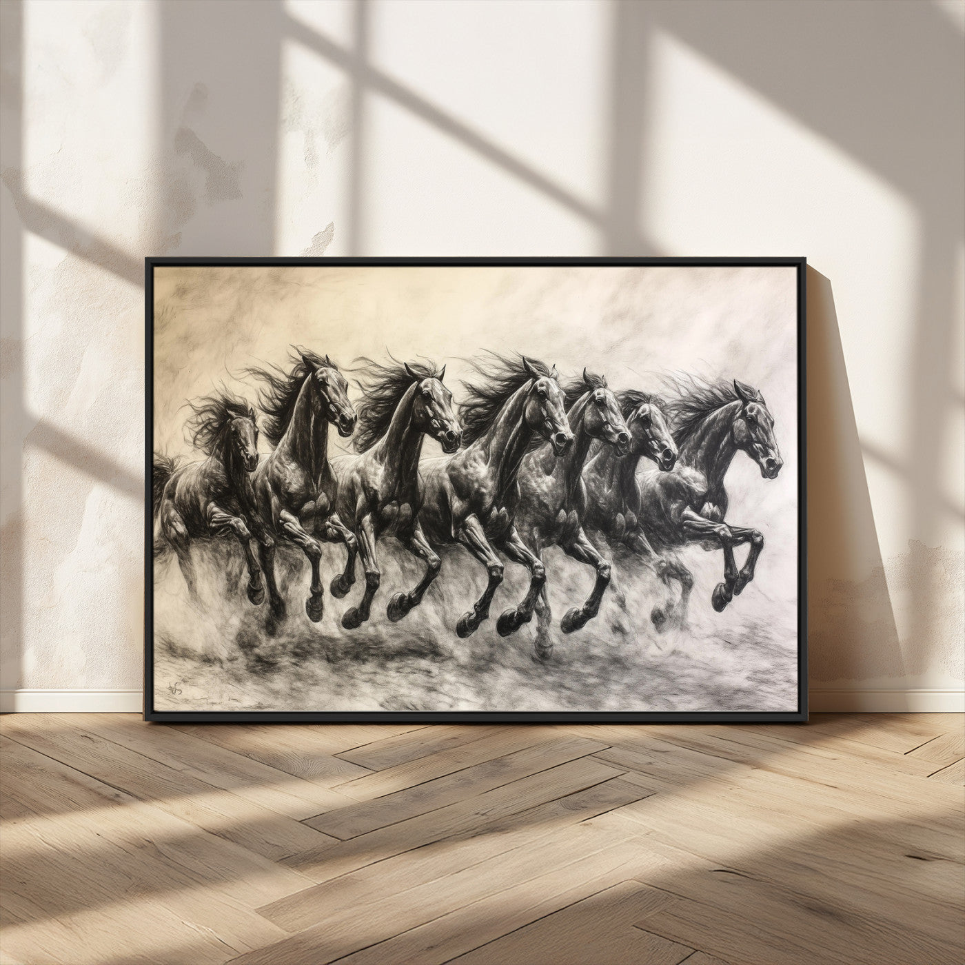 Monochrome drawing of a herd of galloping horses, perfect for dynamic and wild-themed decor in any equestrian or nature-inspired room.