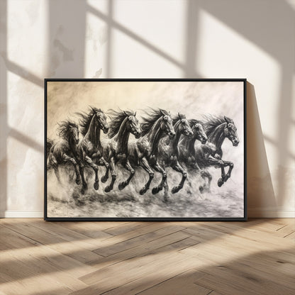 Monochrome drawing of a herd of galloping horses, perfect for dynamic and wild-themed decor in any equestrian or nature-inspired room.