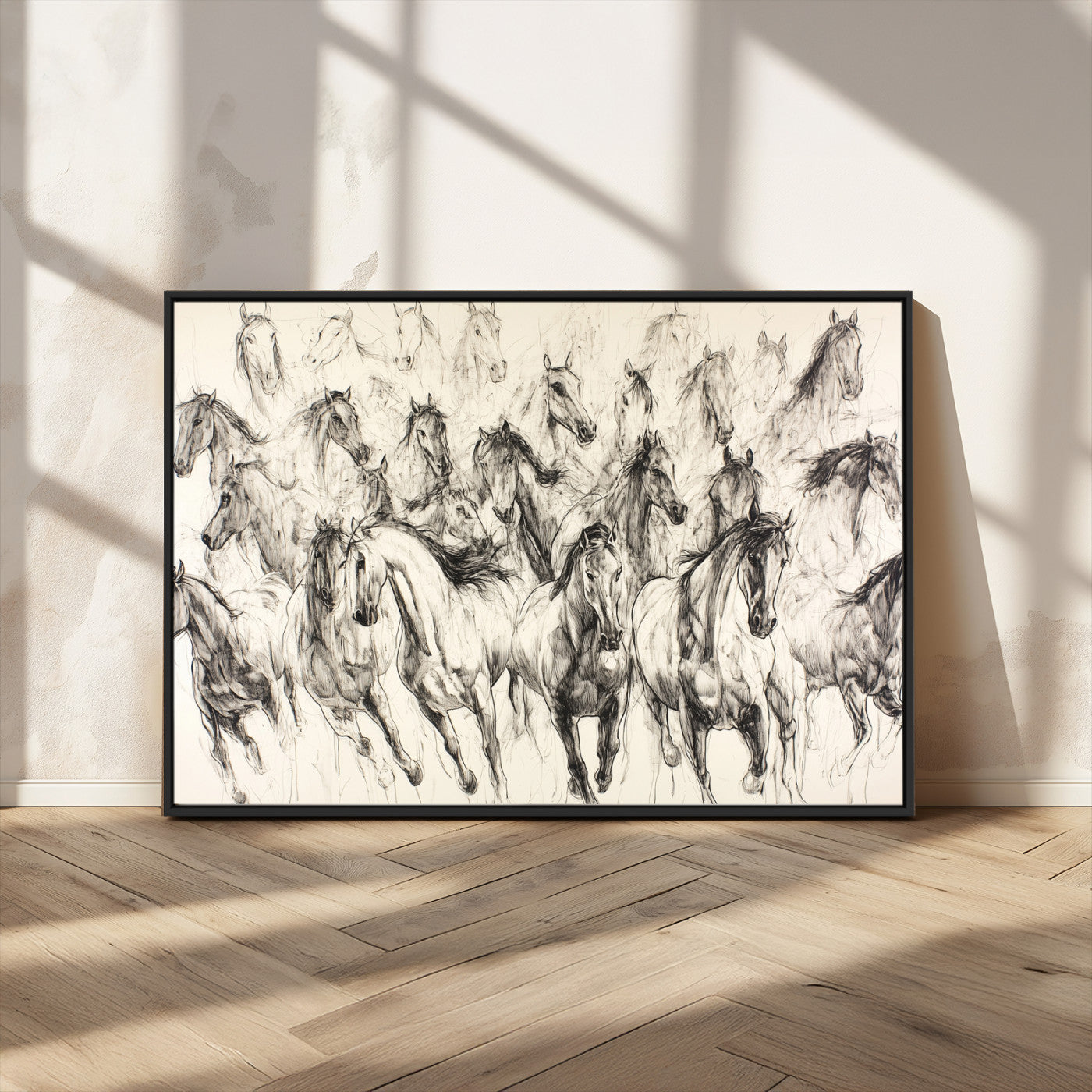 Monochrome ink sketch of galloping horses in dynamic motion, perfect for western or equine-themed wall decor with bold artistic energy.