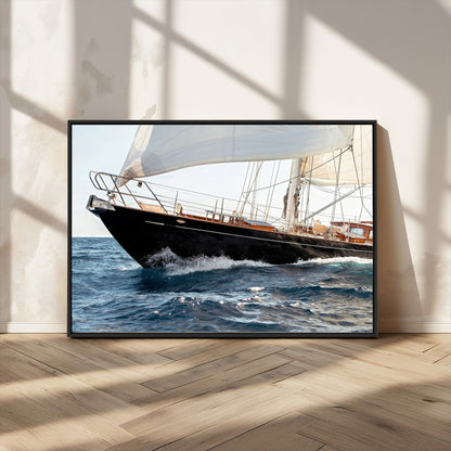 Close-up of a classic sailing yacht with wooden deck and full sails, perfect for nautical or coastal-style decor in ocean-themed spaces.
