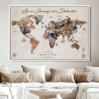 96000140-MGV-CV-36X24-Custom Push Pin World Map Wall Canvas Print – Personalized Travel Tracker with Pins – Framed Large Multi-Size Canvas for Home Office Decor